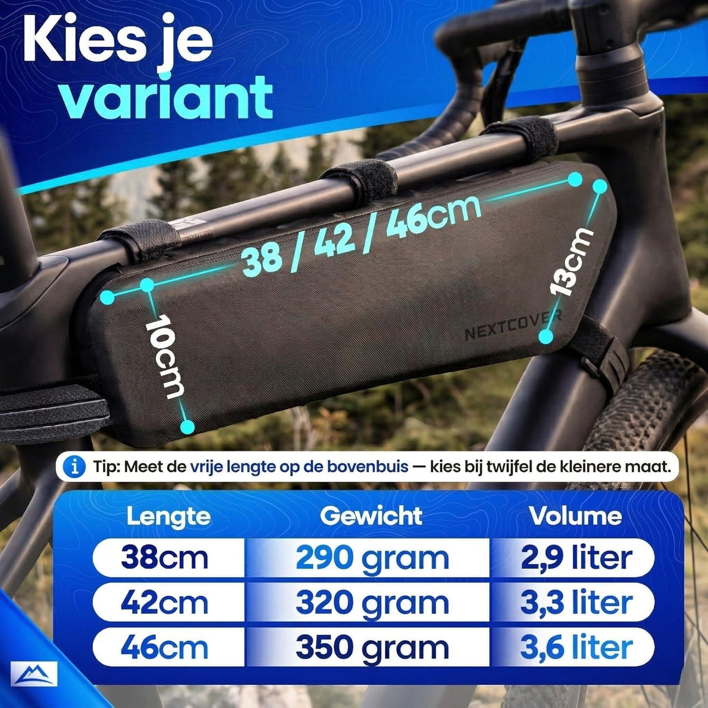 Nextcover Bikepacking Frametas - 38 cm - Zwart - 3 Liter - 100% Waterdicht TPU - Fiets Frametas voor Gravelbike, Racefiets & MTB