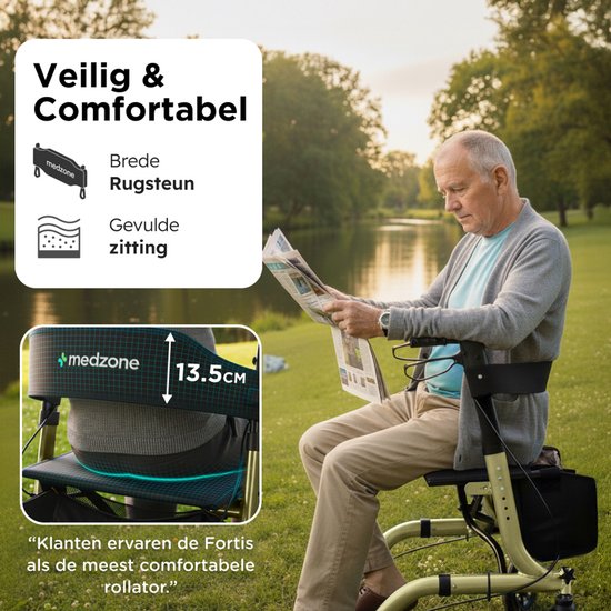 Medzone Rollator Lichtgewicht en Opvouwbaar - Zitfunctie - Binnen en Buiten - Rugleuning en Wandelstok Houder - Champagne - Goud