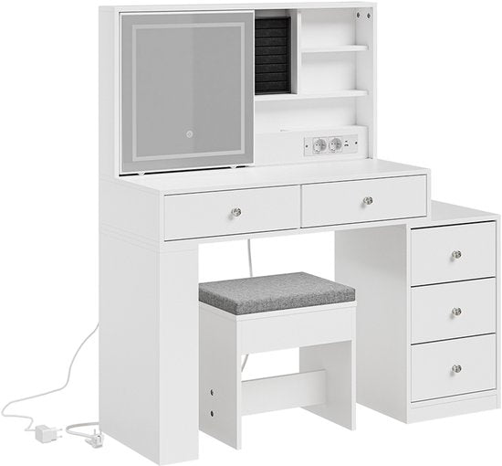 SoBuy Bureau met LED-spiegel 120 x 40 x 127 cm - Wit - 5 Laden - 1 Deur