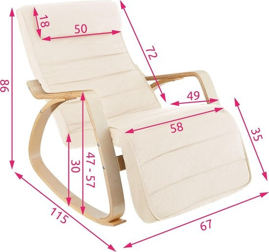 tectake® Schommelstoel - Kussen & Verstelbare Voetsteun – Tot 150 kg – 67 x 115 x 86 cm – Beige