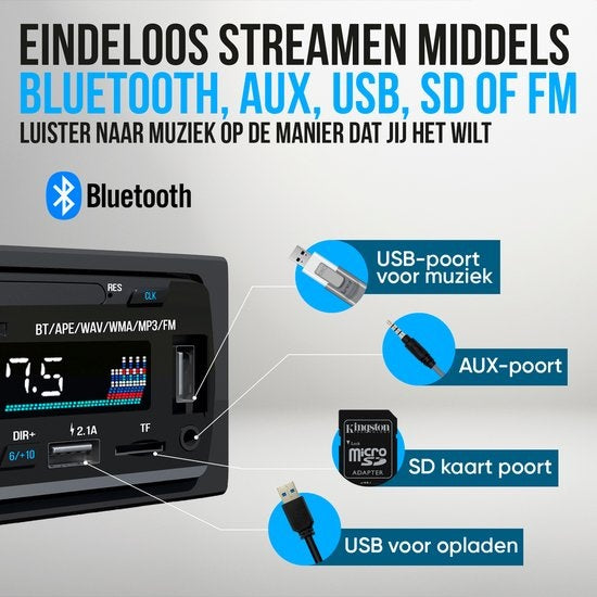 Strex autoradio met Bluetooth voor alle voertuigen USB, AUX en handsfreeset zwart