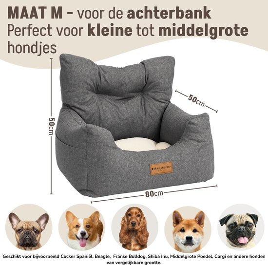 By Cee Cee Autostoel Hond - Premium Automand Hond - Hondenmand Auto Met Veiligheidsriempje - Hondenstoel - Autozitje -All Season - Grijs - Maat M - Kleine En Middelgrote Honden