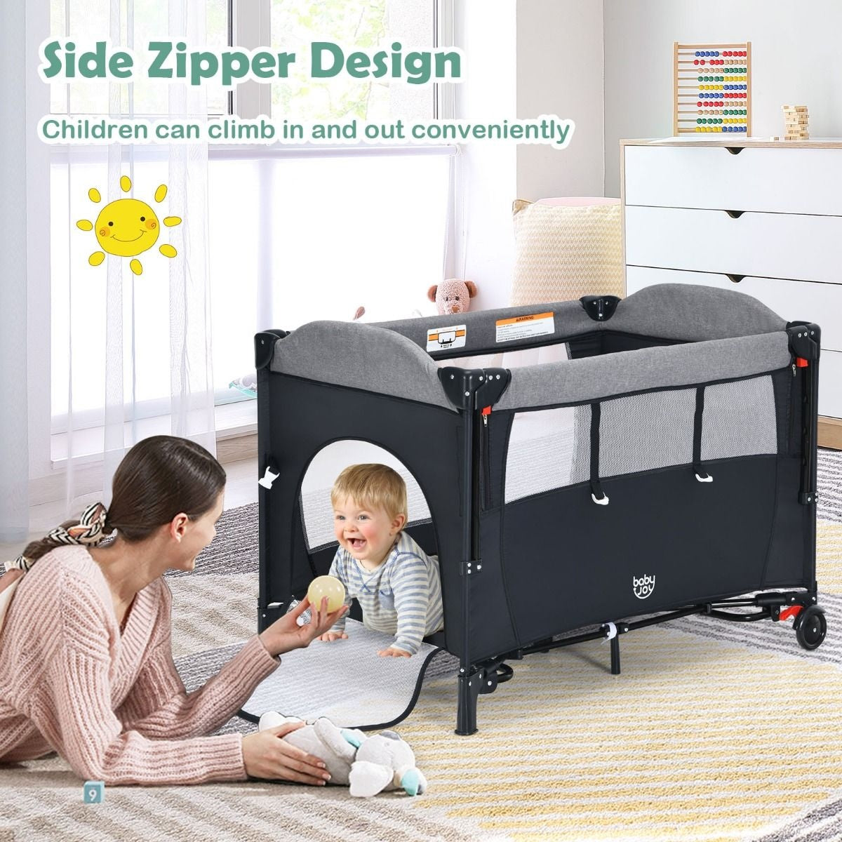 Coast Babybed - 5-in-1 Design - op 4 hoogtes- Verrijdbaar- 76 x 109 x 83 cm - Zwart
