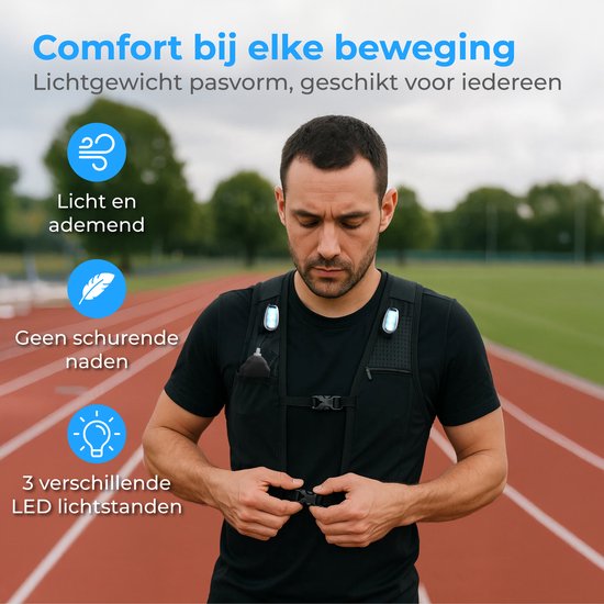 Nuvance Hardloopvest - 3x LED - Running Vest met Verlichting - Hardloop Vest - Loopvest incl. Waterfles en Telefoonvak - Universeel