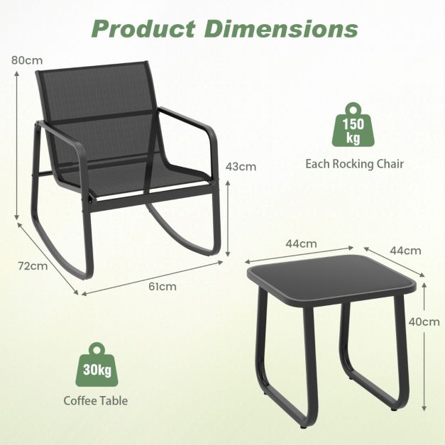 Coast 3-Delige Schommelset Balkonset met 2 Stoelen - 72x61x80 cm - Tafel - 44x44x40 cm – Zwart – Tuinmeubelset met Zachte Schommelbeweging