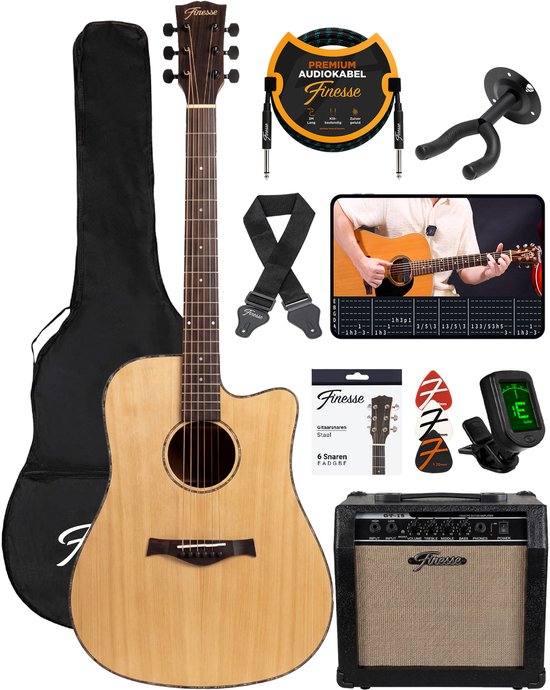 Finesse Elektrische Akoestische Gitaar met Versterker - met Videocursus - 4/4 41 inch - Accessoires - Volwassenen - Kind