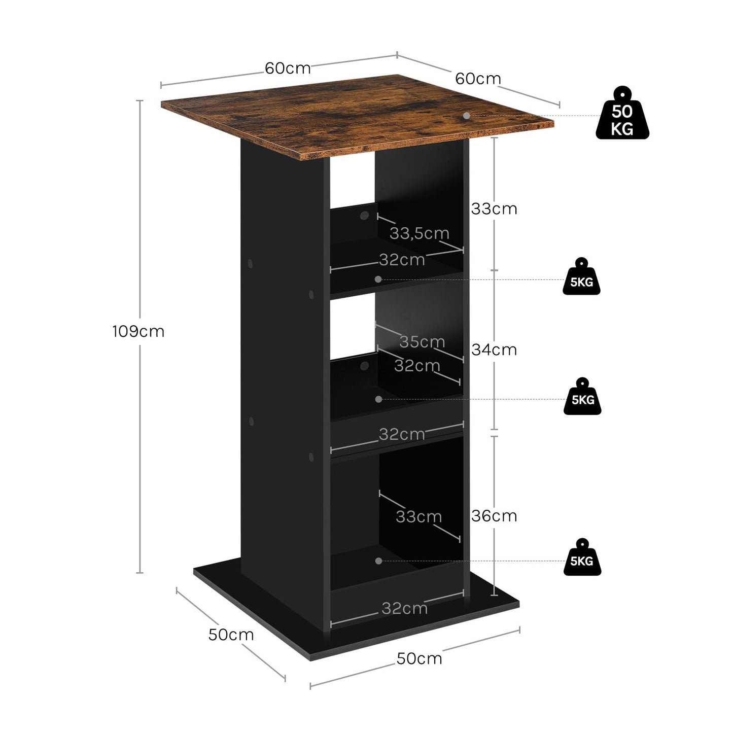 Woltu Bartafel - 109cm Hoog - Rechthoekig - 3 Schappen - Zwart/Rustiek Bruin