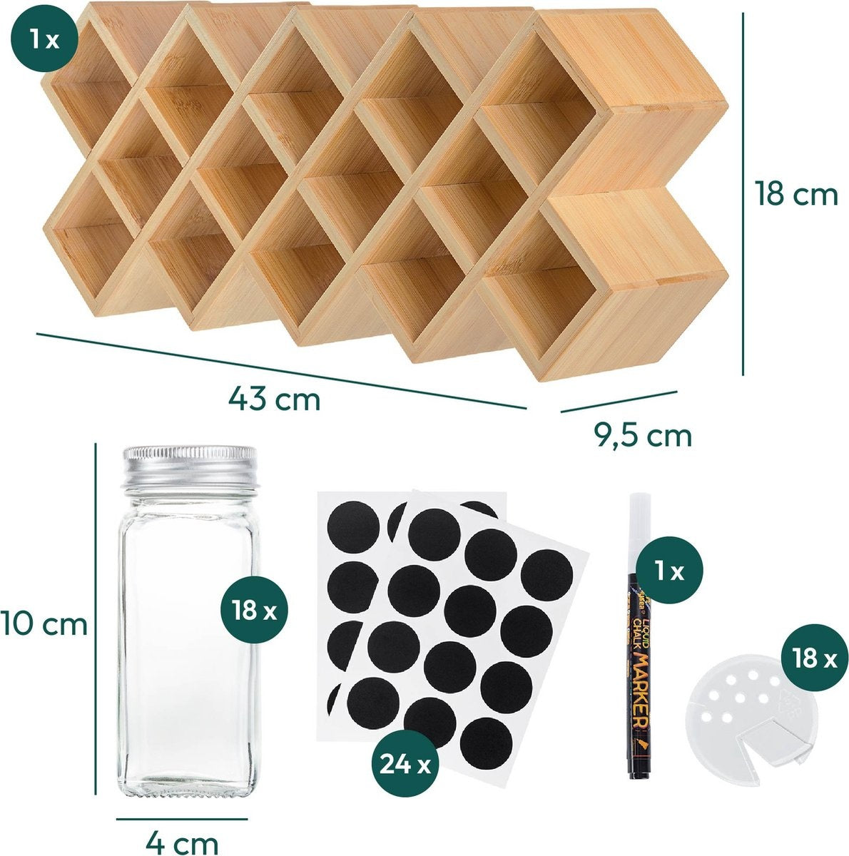 Gadgy Kruidenrek met 18 Glazen Kruidenpotjes met Strooideksel - incl. Labels en Marker - Bamboe - Hout - 43 x 18cm