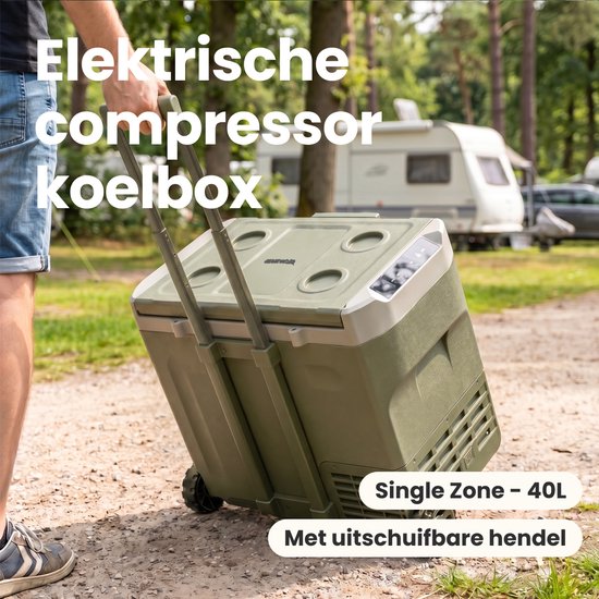 Auronic Elektrische Koelbox - Compressor - 40L - 12V en 240 volt - Camping Koelkast - Frigobox Auto - Met Wielen en Hendel - Groen