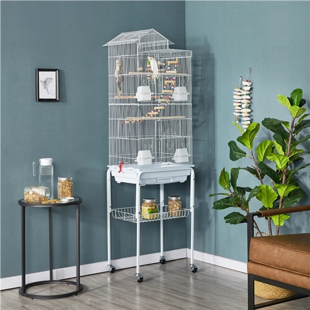 Yaheetech Vogelkooi Met Verrijdbaar Onderstel – Voorzien Van 10 mm Tralieafstand En Uitneembare Bodemlade En Inclusief Speelgoedset – Voor Parkieten En Kanaries – Wit Gepoedercoat Metaal – 46 x 35,5 x 158,5 cm