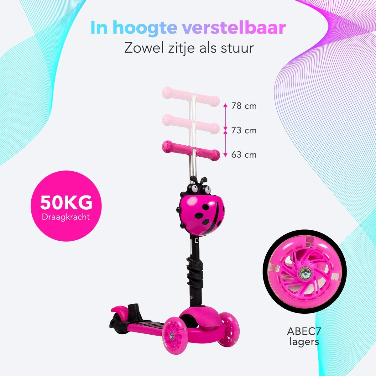 LifeGoods MultiRider - Kinderstep met Duwstang - 3 tot 8 Jaar - Jongens/Meisjes - 2 Lichtgevende Wielen - Roze