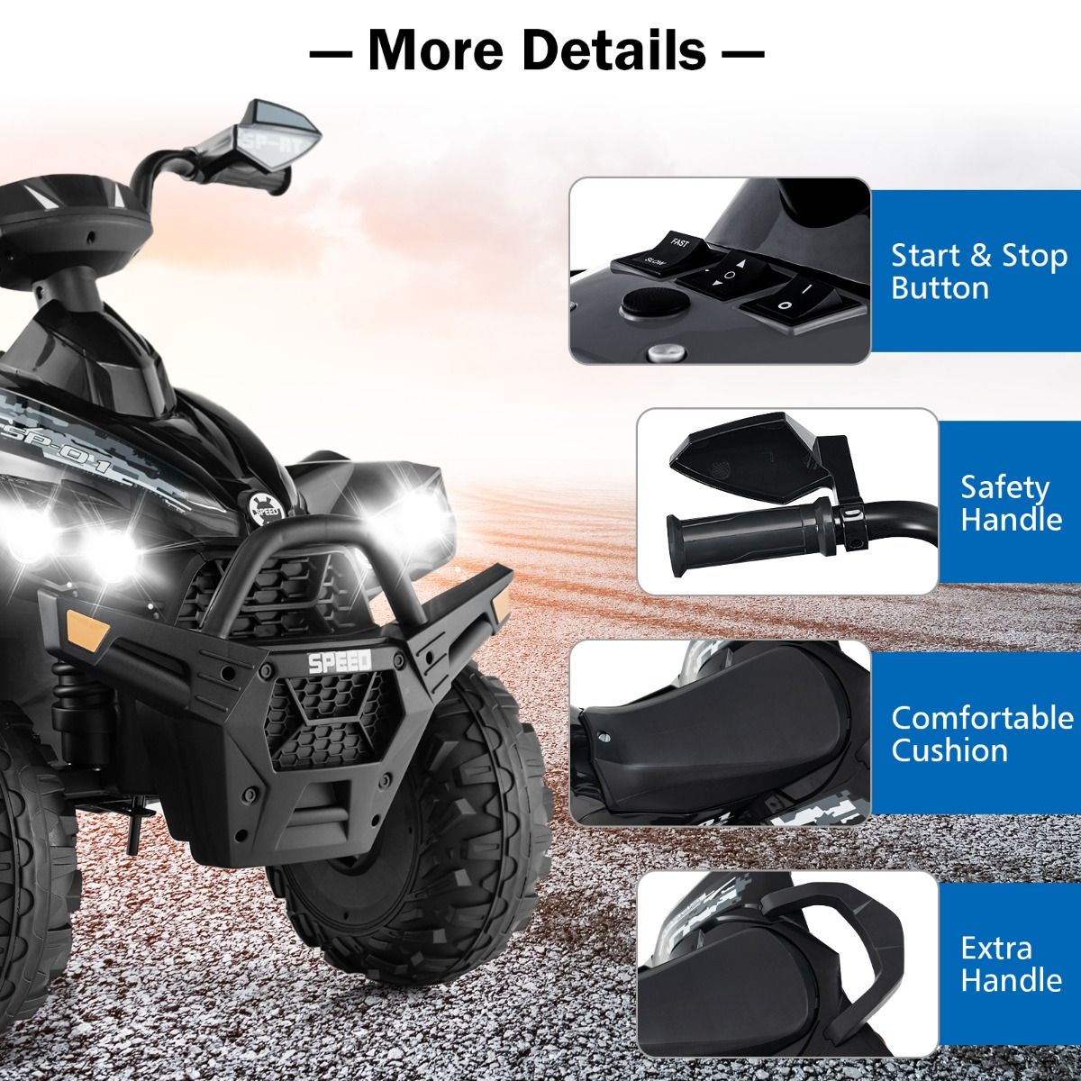 Coast Elektrische kinderquad - met muziek, claxon en LED-koplamp - zwart