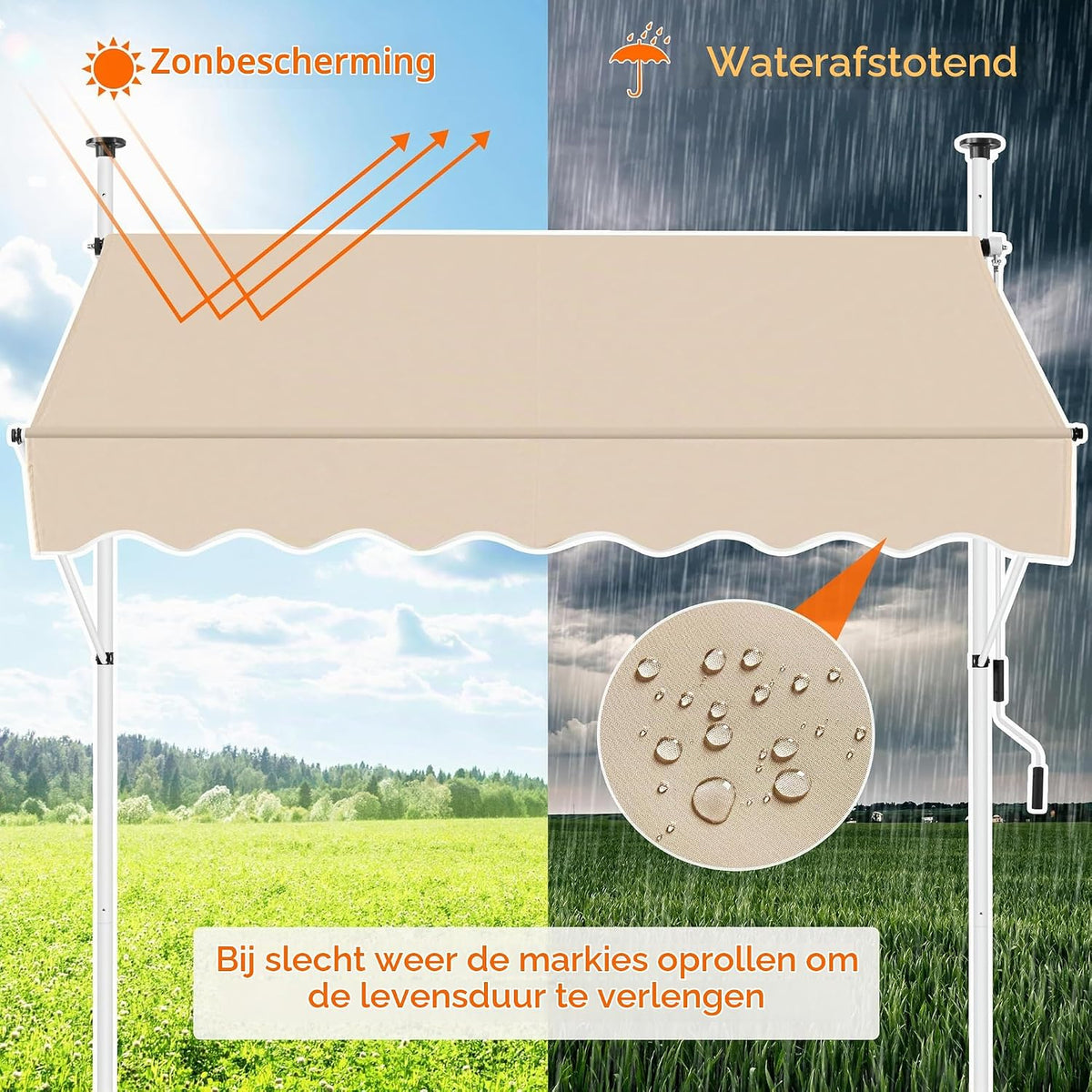Yaheetech Klemmmarkise 250 × 180 cm – höhenverstellbar, mit Handkurbel, beige