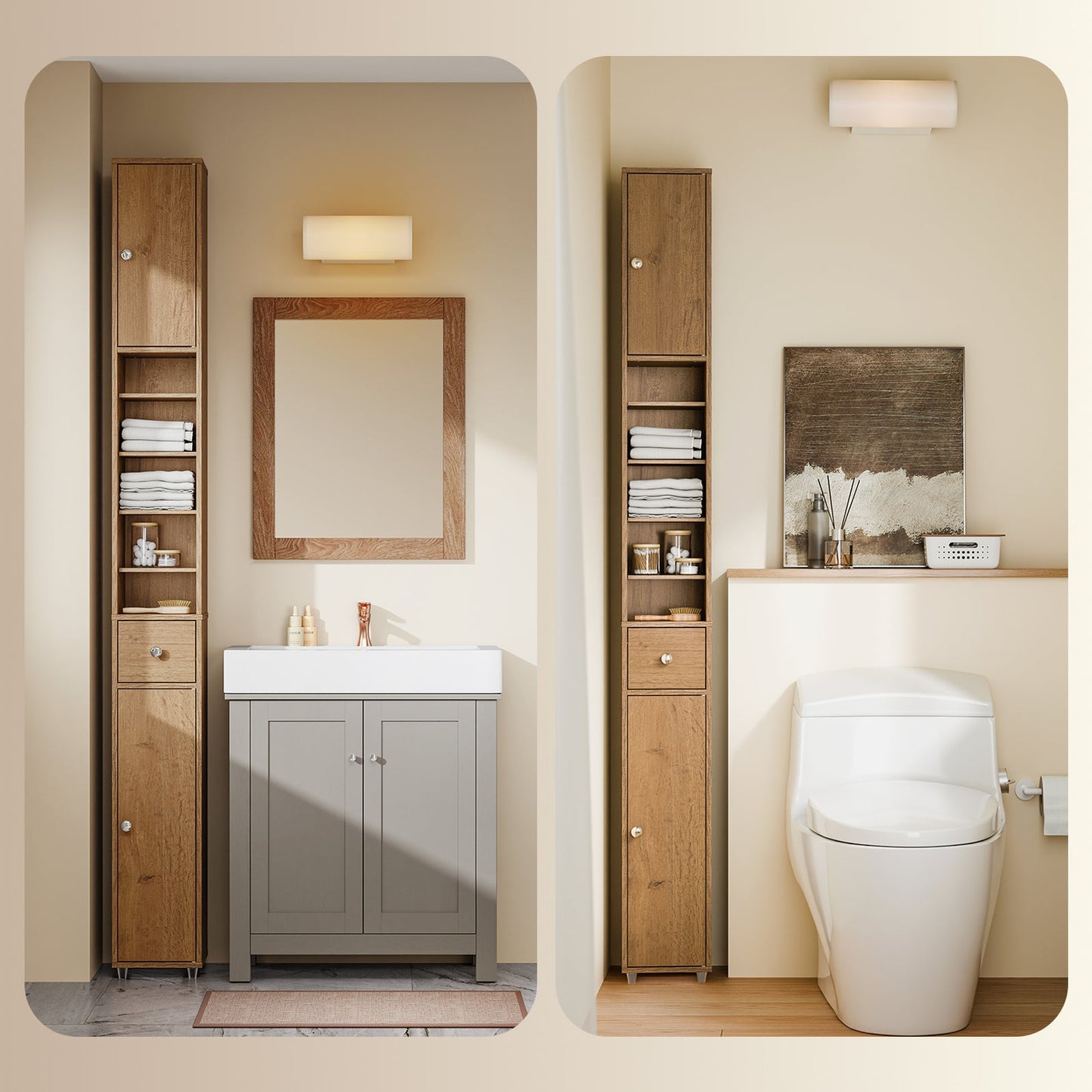 SoBuy BZR34-II-PF Hoge Badkamerkast Vrijstaand Compact - Naturel Hout - 20x20x180 cm