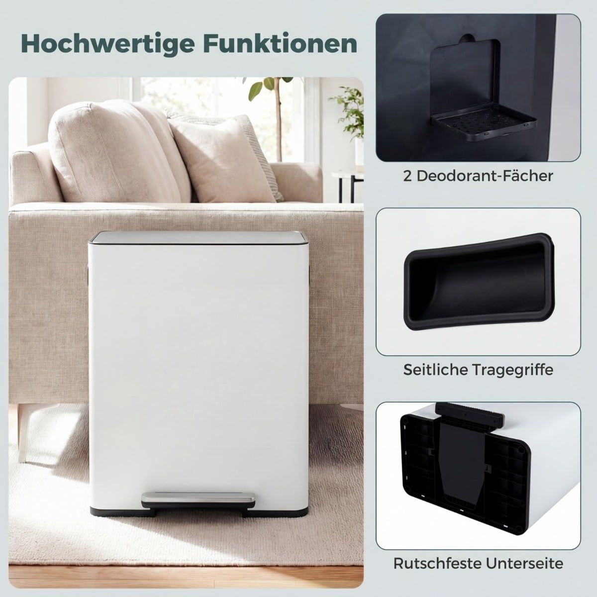 Coast Prullenbak met pedaal - 2 vakken - softclose deksel - 60 liter - wit