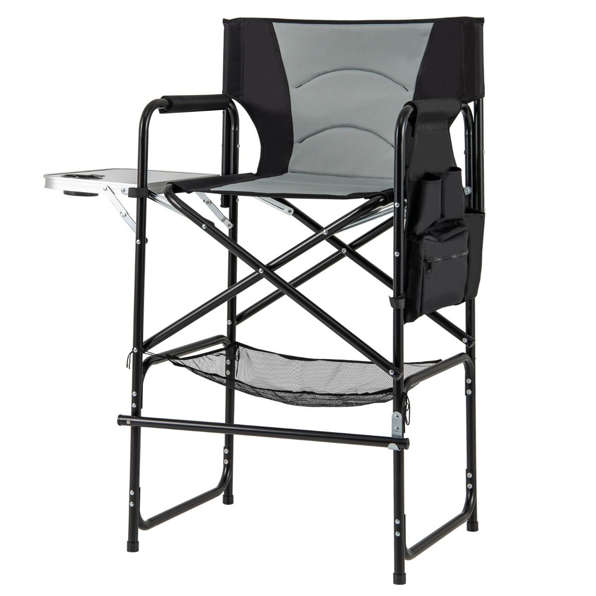 Coast Campingstoel Opvouwbaar Regisseursstoel met Zijtafel, Voetensteun en Opbergvakken – Zwart/Grijs – 65 x 53 x 116,5 cm