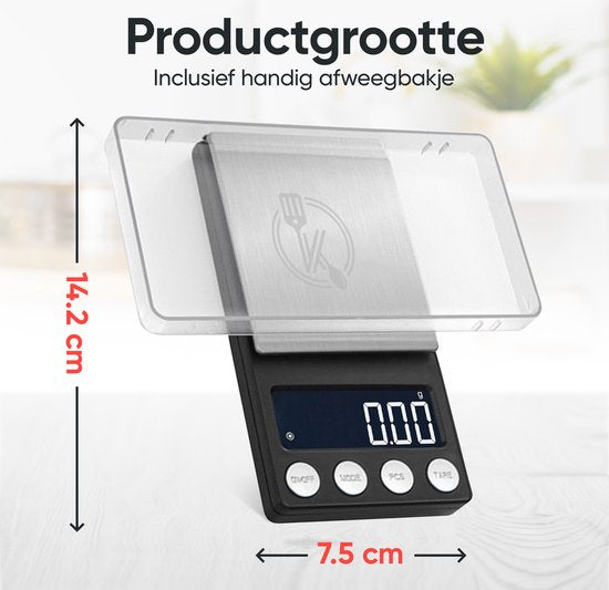 Kitchenwell digitale mini precisie keukenweegschaal - 0,01 tot 500 gram - 14.2 x 7.5 cm - pocket scale op batterij - weegschaal keuken