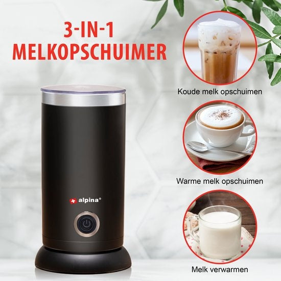 Alpina Elektrische Melkopschuimer - 3-in-1 Melkschuimer - tot 300ml - voor Warme en Koude Melk u2013 Zwart