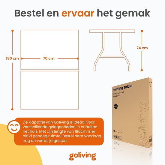 Goliving Inklapbare Tafel – Campingtafel – 180 x 70 x 74 cm – Zwart