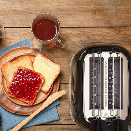 KitchenBrothers Broodrooster met Tostiklemmen - Toaster - 6 Warmteniveaus - Brede Sleuven - Broodrooster - 870W - Zwart