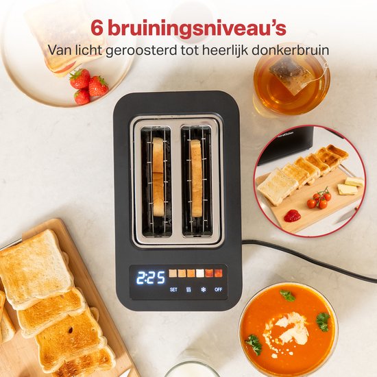 AoraKitchen Broodrooster met Tostiklemmen - 6 Warmteniveaus - Led Scherm - Toaster - Timer - Zwart