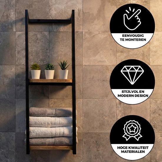 Vonia Handdoekrek - Badkamerrek - Handdoekrek Badkamer - Handdoekhouder - Handdoekenrek - Zwart/Hout