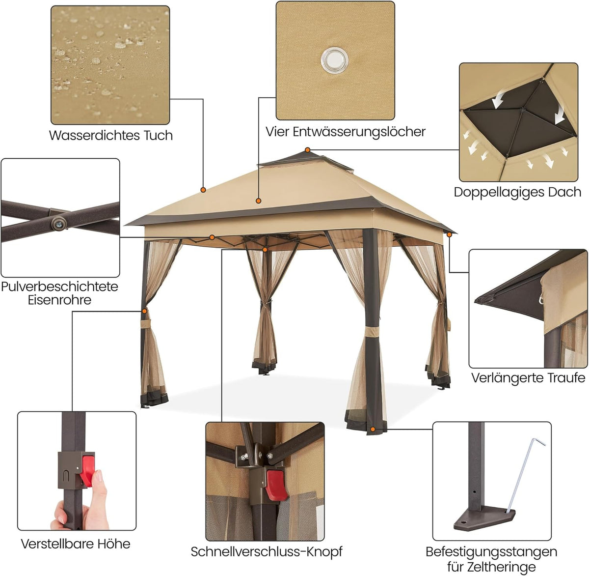 Yaheetech Pop-up Paviljoen 3,3 × 3,3 m met 4 Mesh Zijwanden en Draagtas Khaki/Bruin