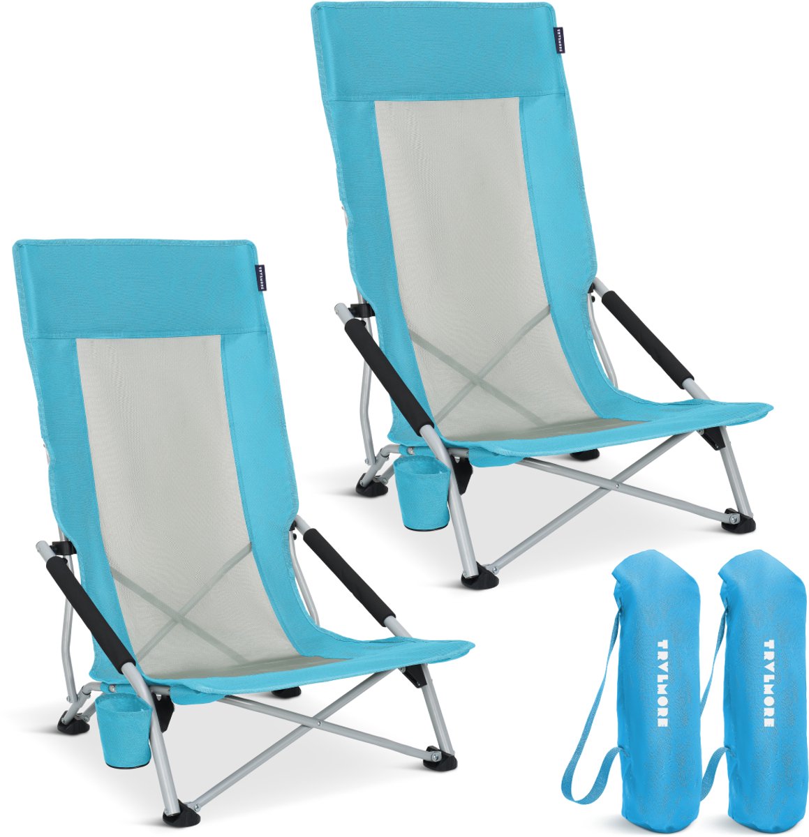 TRVLMORE Strandstoelen Set van 2 - Inklapbaar - 130KG Draagkracht - Met Bekerhouder en Draagtas - Hoge Rugleuning - Blauw
