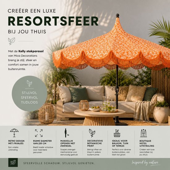 Mica Decorations Kelly Parasol met Draagtas - Stokparasol 238 x Ø235 cm - Tuin of Balkonparasol - Polyester, Staal - Oranje