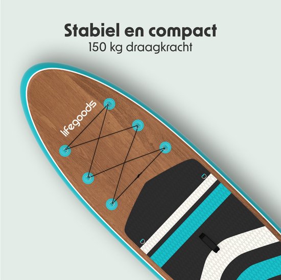 LifeGoods PaddlePro SUP Board - Opblaasbaar Paddle Board - Complete Set - Max. 150KG - 320x81cm - Hout/Blauw