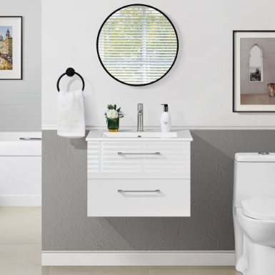 Yaheetech Badkamermeubel met Wastafel - Wit Hoogglans - 61 x 39,5 x 45,5 cm - Wandmontage, 4 Lades, Keramische Wasbak