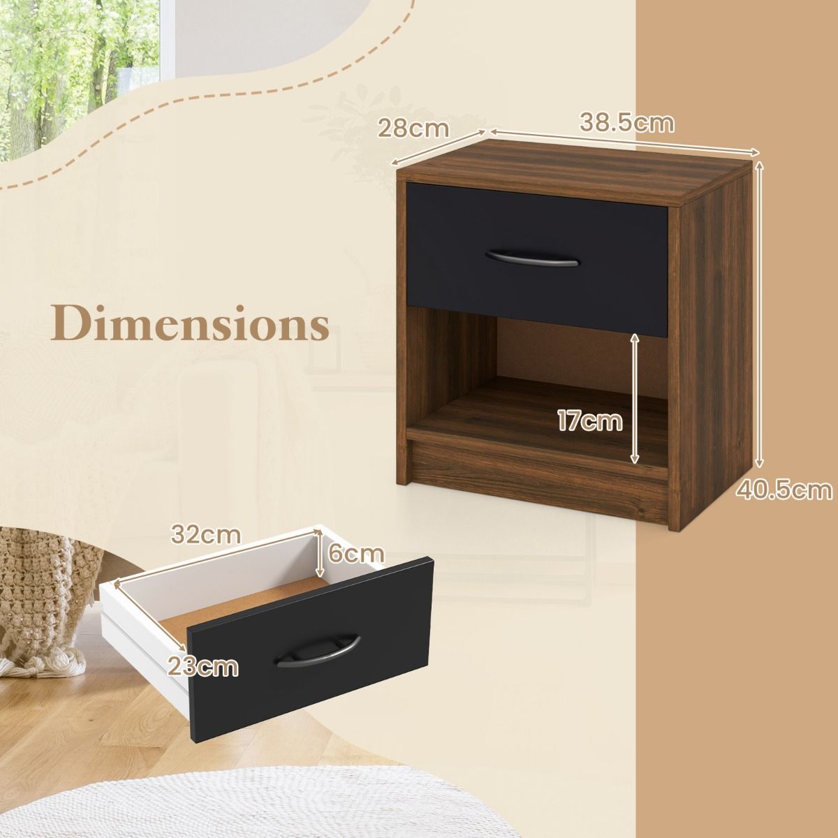 Coast Nachtkastje - met lade en open opbergplank - compact design - bruin en zwart - 38,5 x 28 x 40,5 cm