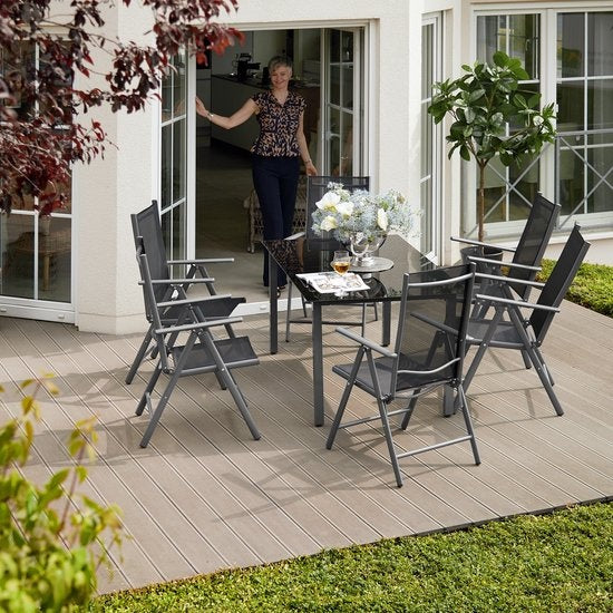 tectake® zitset aluminium klapstoelen, loungeset met 6x stoelen en 1x glazen tafel eettafel, tuinmeubelset weerbestendig voor het balkon, tuinstoelen, terrasmeubilair, ligstoel - zilver