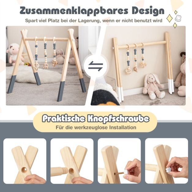 Coast Houten Babygym – 3 Hangspeeltjes – 60 x 44 x 60 cm – Groen, Grijs en Roze