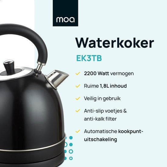 MOA Waterkoker Retro - 1.8L - RVS - BPA vrij - 2200W - 27.50x23.50x19.50 cm - Zwart