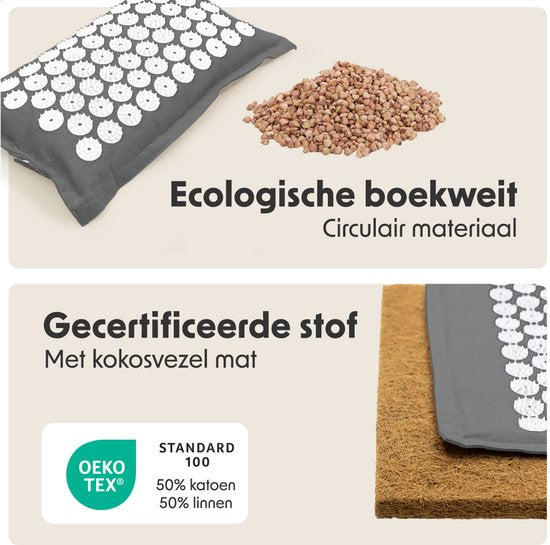 LifeGoods Acupressuur Mat Eco - met Kussen - Shakti mat - Spijkermat Incl. 2x Triggerpoint Bal en Draagtas - 72x43x2cm - Grijs/Wit