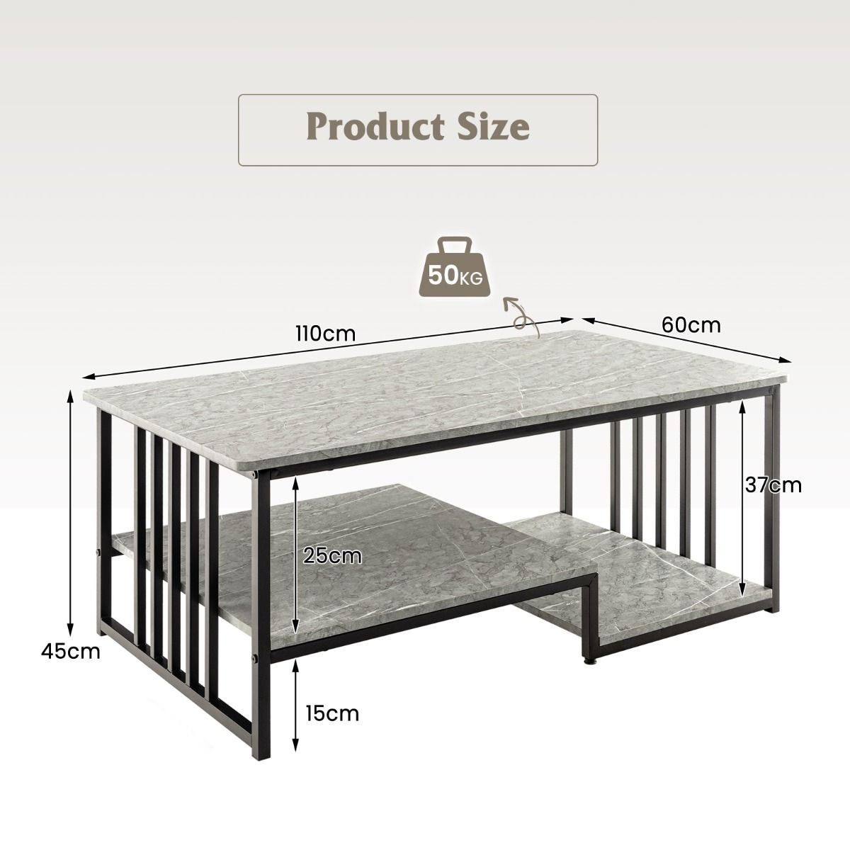 Coast Salontafel - 2-Laags - Marmerlook - Max. 50 kg - 110 x 60 x 45 cm - Grijs / Zwart
