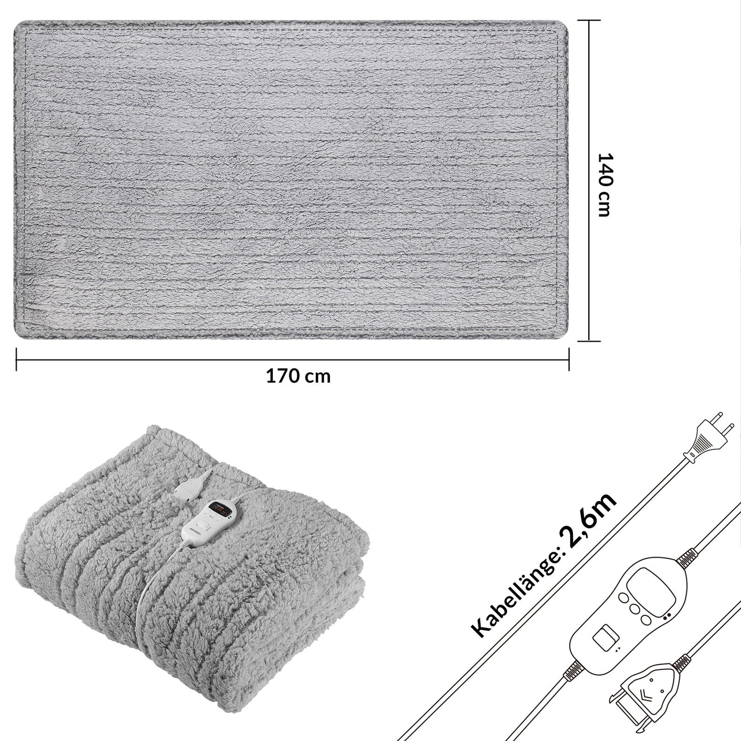 Monzana Warmtedeken - Elektrisch Fleece 180x130cm 120W - Grijs