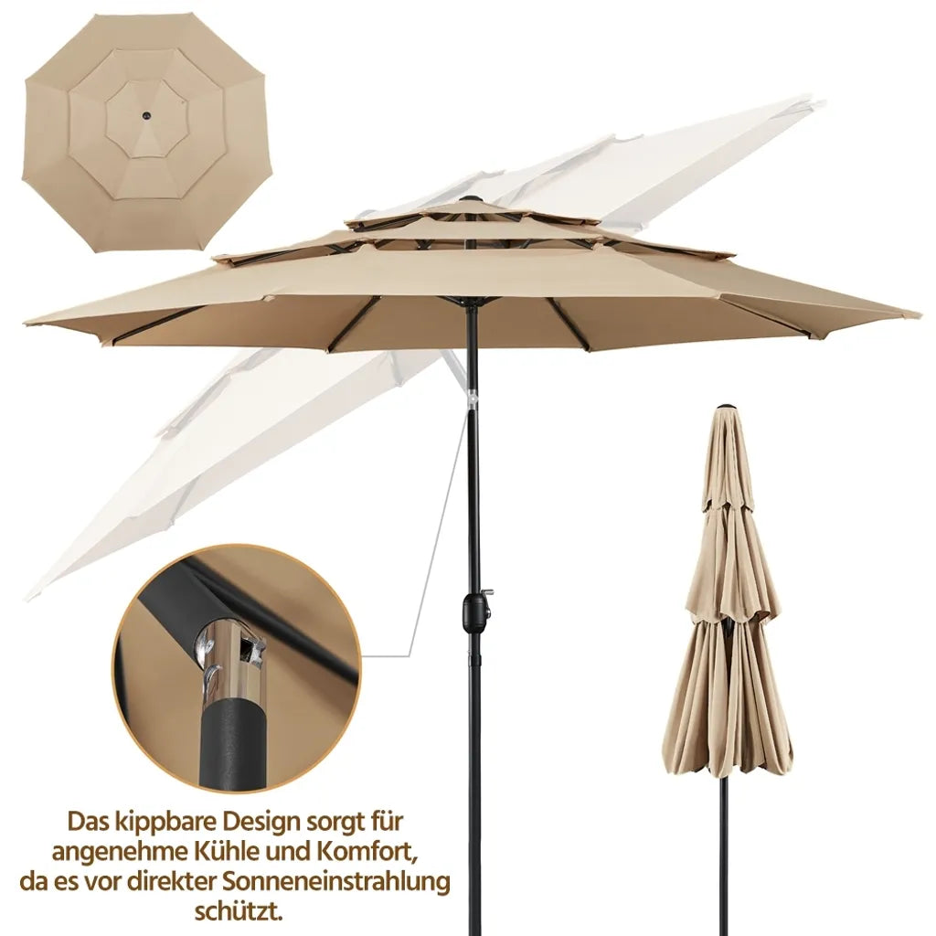 Yaheetech 3-laags Kantelbare Parasol Ø324 cm, Lichtbruin