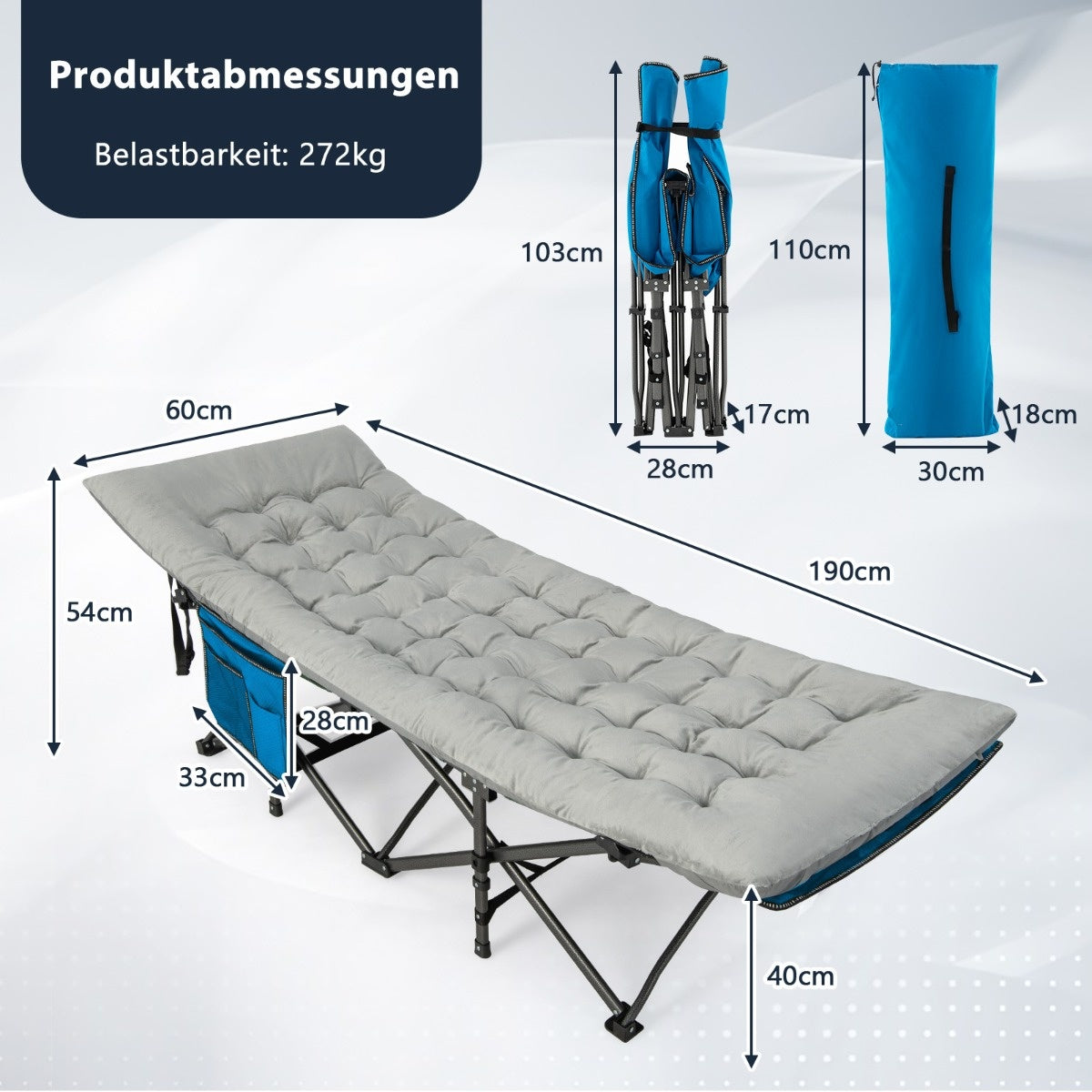 Coast 190 x 70 cm katoenen veldbeddekking 7 cm dikke martrine met 4 bevestigingsbanden grijs