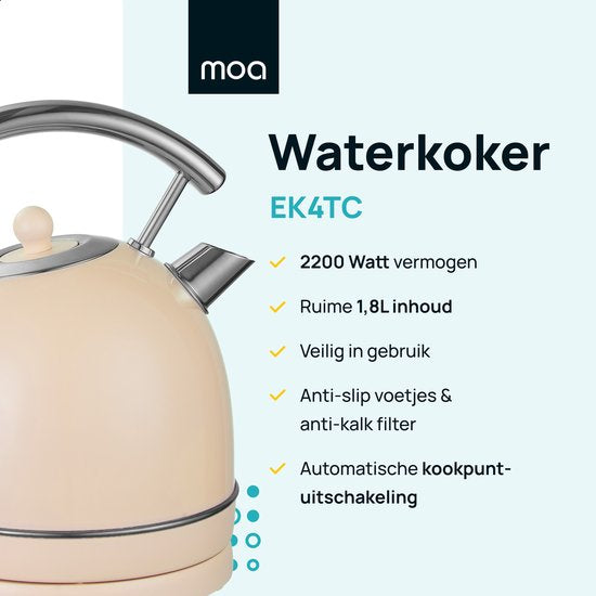 MOA Waterkoker Retro - 1,8 Liter - Elektrische Waterkoker - Anti Calcium Filter - BPA-vrij - RVS - 2200W - Crème