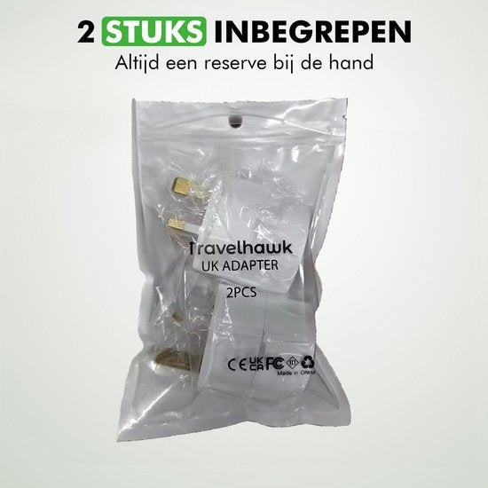 Travelhawk Reisstekker Engeland - Reisstekker UK - Type G - Ideaal voor reizen in Engeland, Schotland, Malta, Singapore, Hong Kong en Maleisië - 2 Stuks - Wit