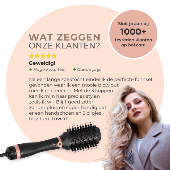 Flaire ROSÉ Föhnborstel met 2 Opzetstukken - Keramische Krulborstel - Ionisch - 1200W - Zwart