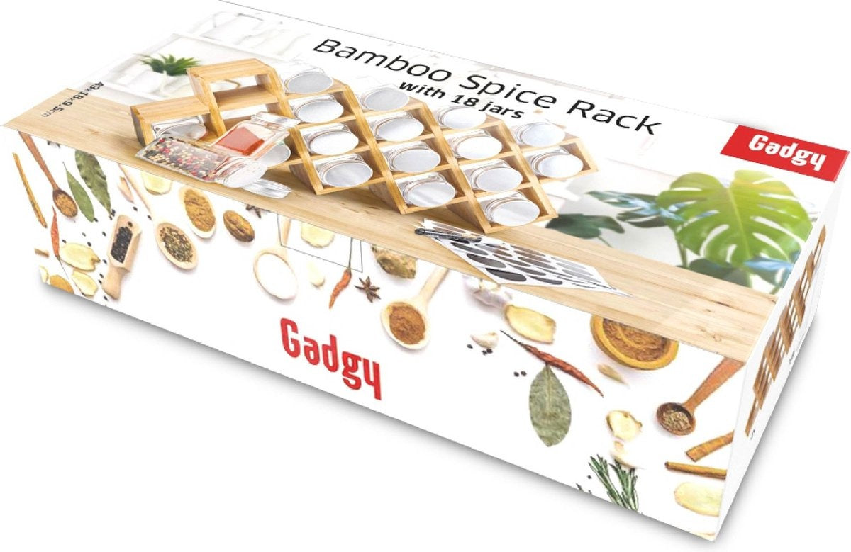 Gadgy Kruidenrek met 18 Glazen Kruidenpotjes met Strooideksel - incl. Labels en Marker - Bamboe - Hout - 43 x 18cm
