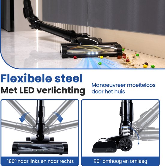 Saaf G80 Steelstofzuiger - 100W - met Dweilfunctie en Buigbare Steel - 8-delig - Stofzuiger zonder Zak - Draadloos - Zwart