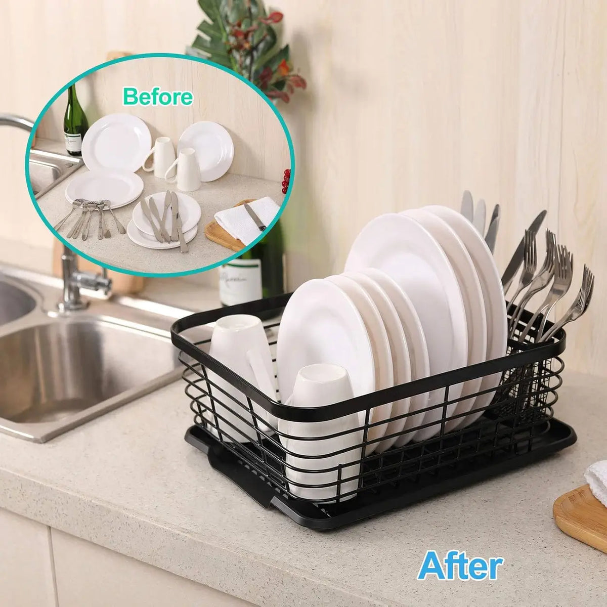 Senhoglb Afwasrek Boven de Gootsteen - 36.1 × 30.7 × 14 cm - 3-in-1 - Met Bestekhouder en Druppelbak