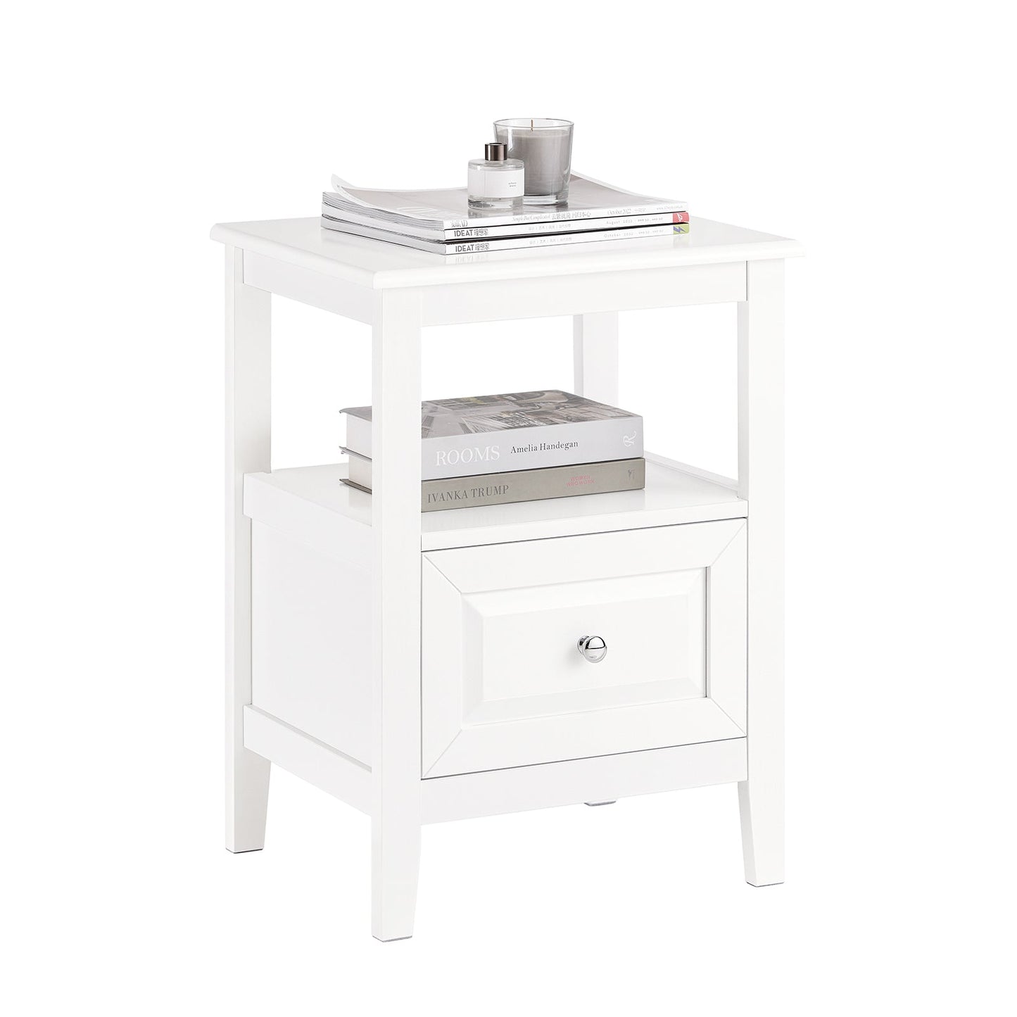 SoBuy Bijzettafel – Met Deur & Lade – max. 50 kg – 45 x 35 x 60 cm – Wit