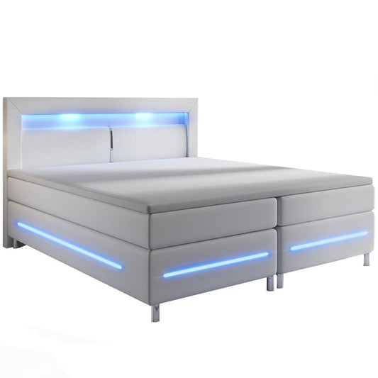 Boxspringbed Norfolk 140x200 cm - Wit - Kunstleer - LED - Luxe slaapcomfort - 66 cm instaphoogte