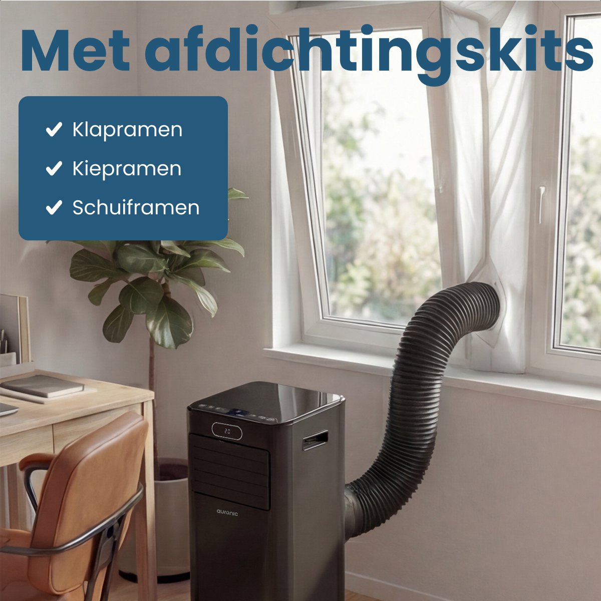 Auronic Mobiele Airco Zwart- 7000 BTU - Tot 20 m² - 3-in-1 - Met Raamafdichtingskits