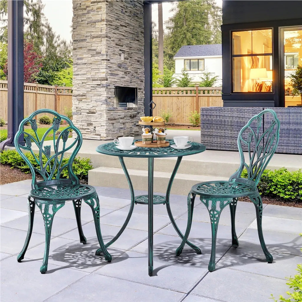 Yaheetech 3-delige Bistroset Tuin - Groen - Aluminium Tuinset met 2 Stoelen en Tafel met Parasolgat
